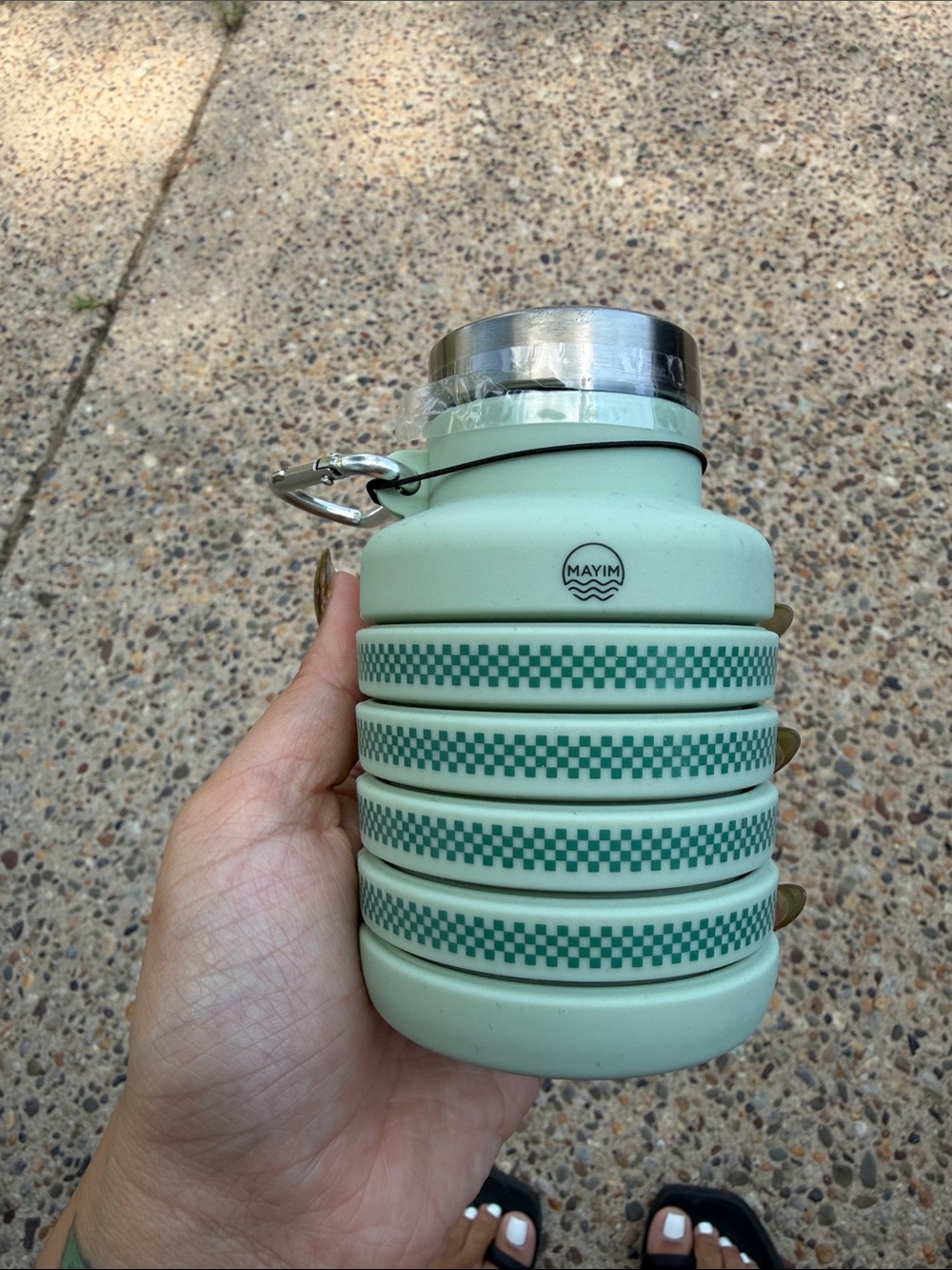 Mint Green Collapsible Silicone Water Bottle with Check Pattern